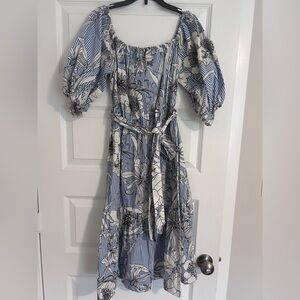 Zara Blue and White Floral Long Sleeve Dress